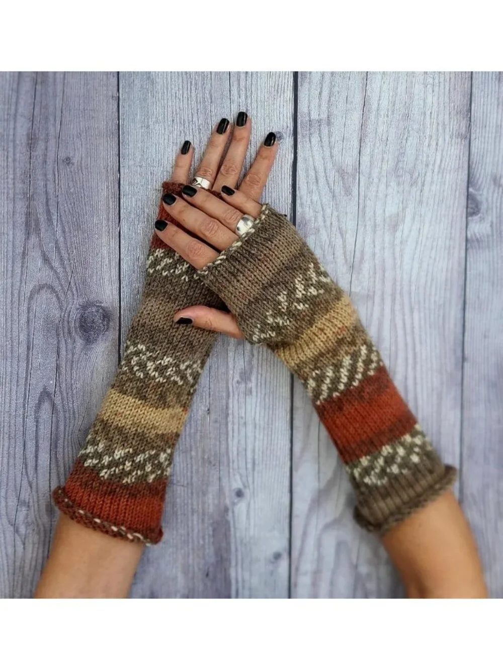 Cozy Handmade Knitted Fingerless Gloves - Winter Wool, Brown & Dark Orange